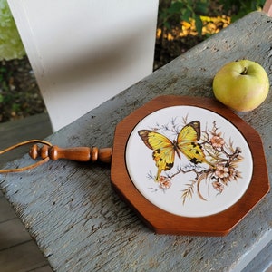 Vintage Butterfly Ceramic Trivet with Wood Handle: MCM Kitchen Decor