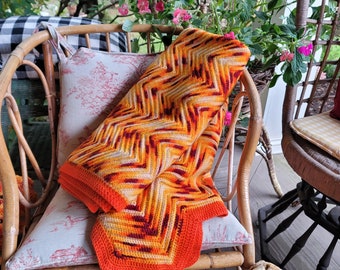 Vintage Orange Chevron Crocheted Afghan 1970s, Multicolored Orange Hand Made Blanket 74 X 46 inches