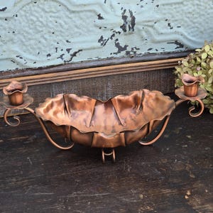 Vintage  Copper Bowl with Candle Holders, Gregorian Copper: Farmhouse Rustic Cottage Decor