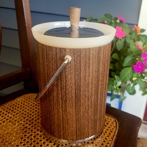 Ice Bucket, Vintage Kromex, Chrome and Wood Grain Bar Bucket, Vintage Barware, Tiki Bar, Made in USA