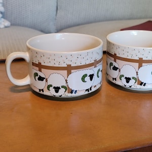 Vintage Ceramic Sheep Soup Mugs, Stackable Oversized Farmhouse Cups, Set of 2, Made in Japan