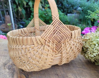 Vintage Splint Basket, Woven Wood God&#39;s Eye Harvest Basket, Small Buttock Basket, Decor Basket, Folk Art Basket