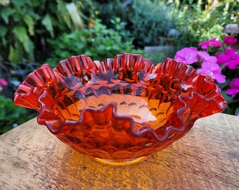 Vintage Fenton Red Ruffled Amberina Thumbprint Bowl, Red Orange Ruffled Art Glass Candy Dish