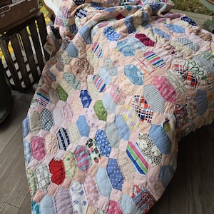 Vintage Patchwork Long Hexagon and Squares Shabby Style MidCentury Quilt, Partially Quilted, 75X85
