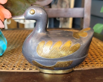 Metal Duck Trinket Dish, Secret Stash Box, Pewter and Brass Duck, Covered Trinket Box, Vintage Brass Duck