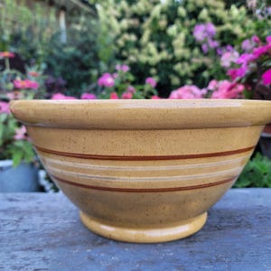 Antique Yellowware Banded Bowl, Large  Stoneware Bowl, Old Kitchen Bowl, Large Primitive Bowl, Cottage Farmhouse Kitchen Pottery