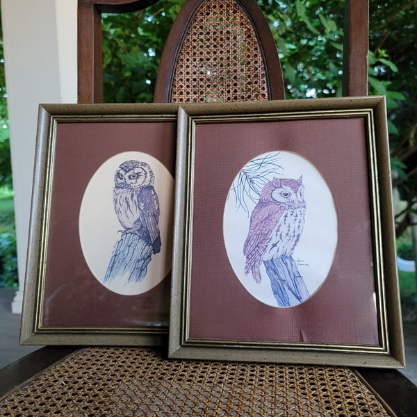 Vintage Pair of Framed Owls Signed Prints by Naturalist Painter Steve Leonardi