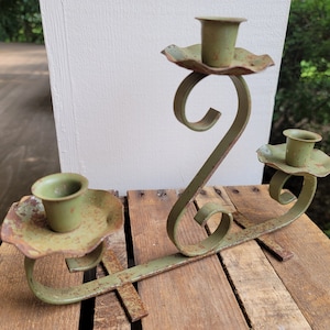 Vintage Rustic Metal Candleholder, Cottagecore Farmhouse Accent, Shabby Green Candle Holder, Sage Green Curved Candelabra, Metal Garden Art