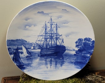 Antique Villeroy & Boch Harbor Scene Blue and White Wall Decor or Charger Collectible Plate 3054 Wallerfangen