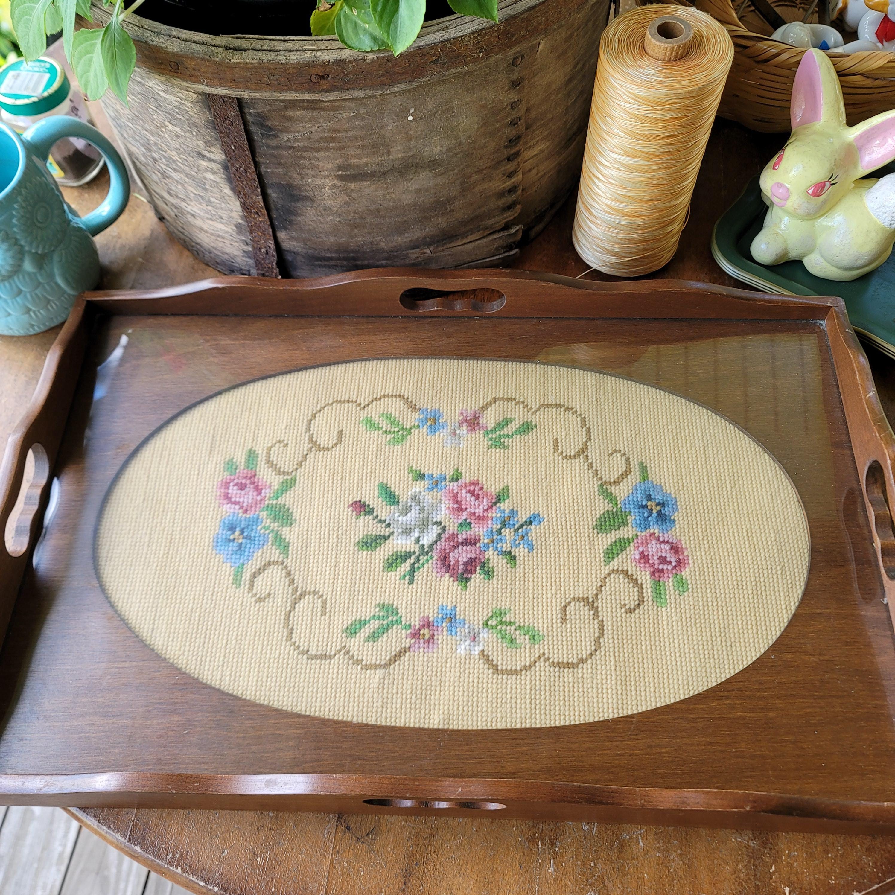 Vintage Needlepoint Wood Tray: Glass Top Cottagecore Farmhouse Decor