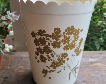 Pretty Vintage Retro Vanity Bath Waste Bin Scalloped Ivory Plastic with Embossed Gold Flowers