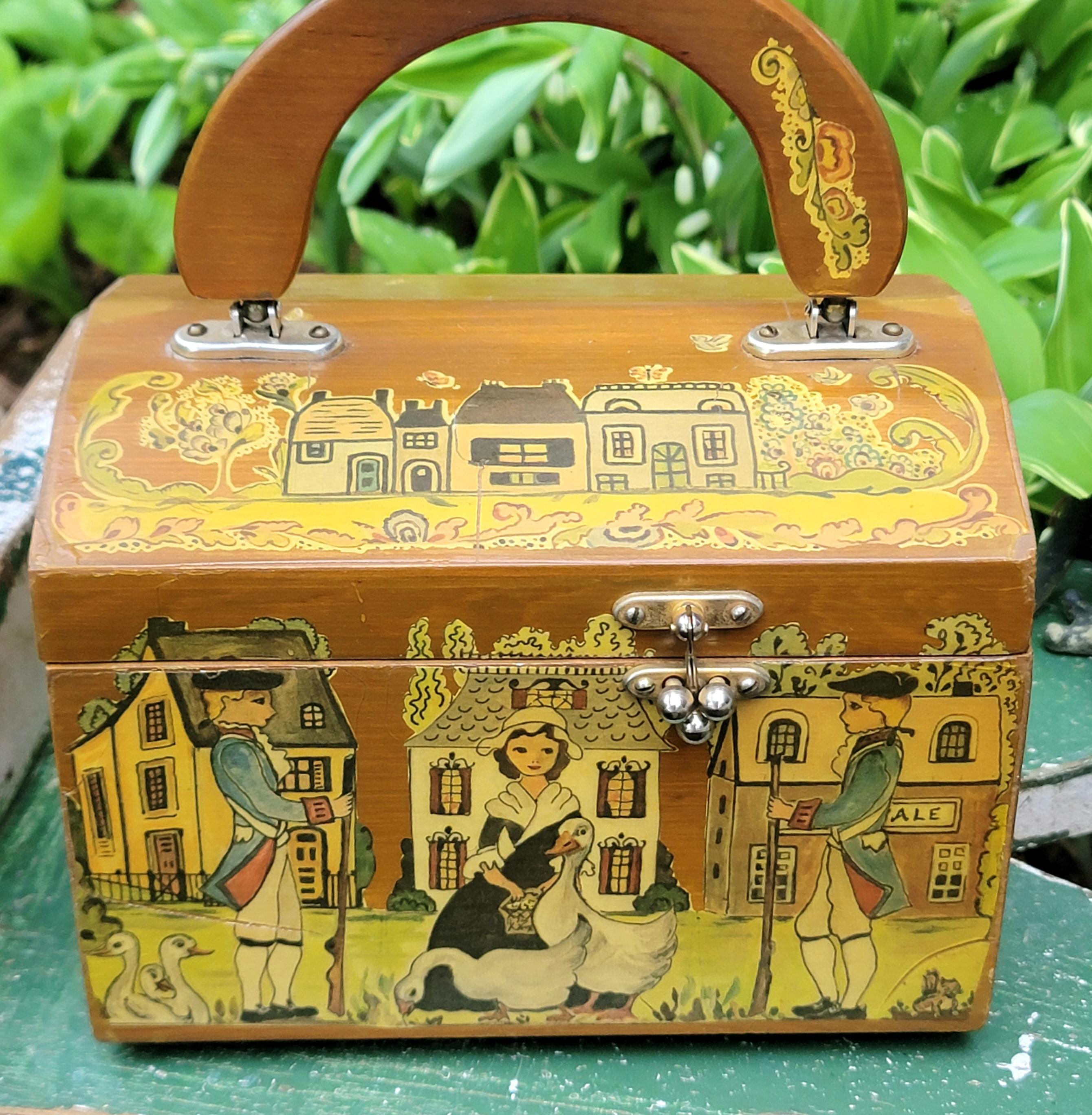 Vintage Decoupage Wood Box Purse: 1970s Folk Art Handbag, Cosmetic Travel Case