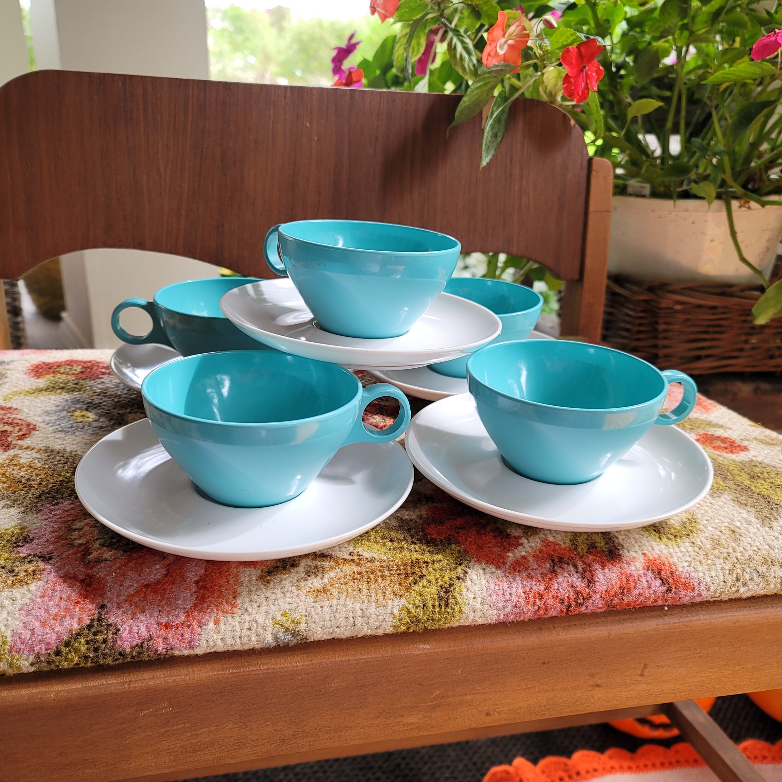 Set of 5 Vintage Melamine Coffee Tea Cups and Saucers Aqua Etsy