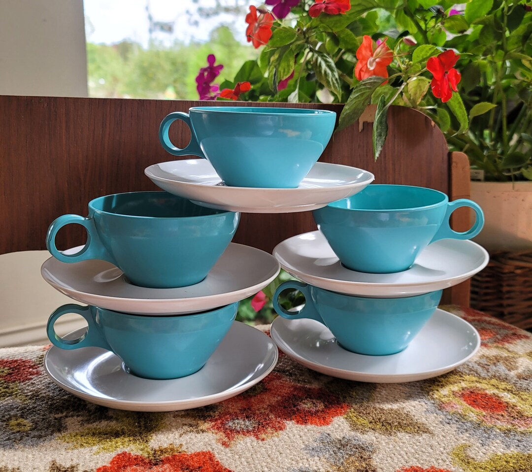 Set of 5 Vintage Melamine Coffee Tea Cups and Saucers Aqua Etsy