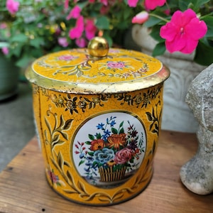 Vintage Decorative Tin, England Daher Tin, Yellow and Gold Floral Canister, English Tin Container