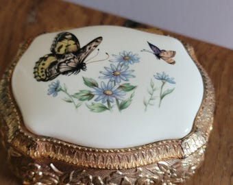 Butterflies Trinket Box, Gold Metal Box, Velvet Butterfly Box, Made in Japan, Vintage Enamel Top Jewelry Box