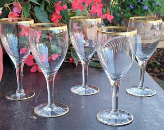 Vintage Gold Rim Wine Glasses - Set of 5 Clear Barware