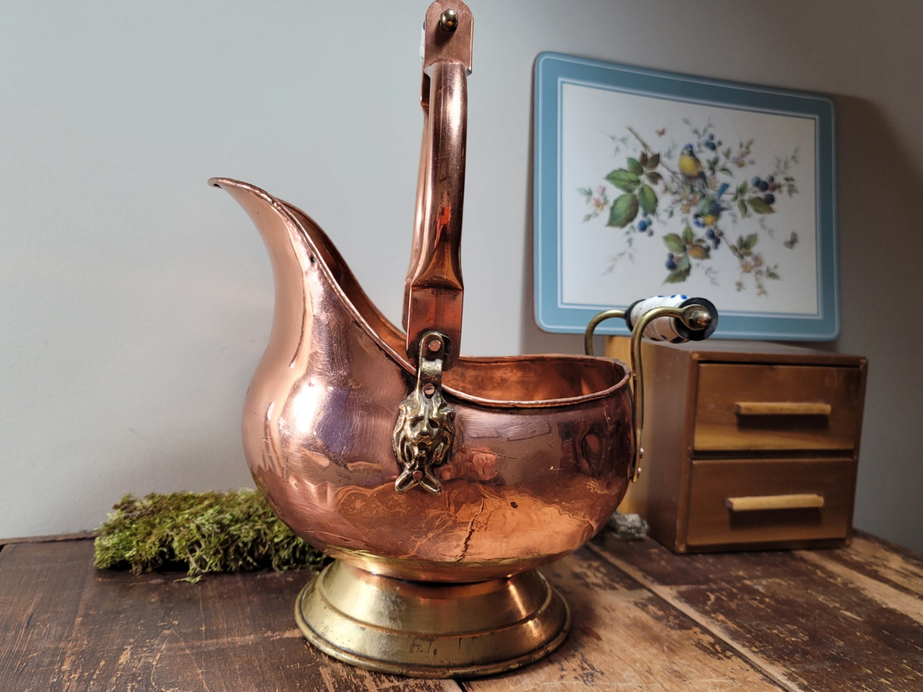Vintage Copper Brass Large Coal Scuttle Bucket Ceramic Handles Lion