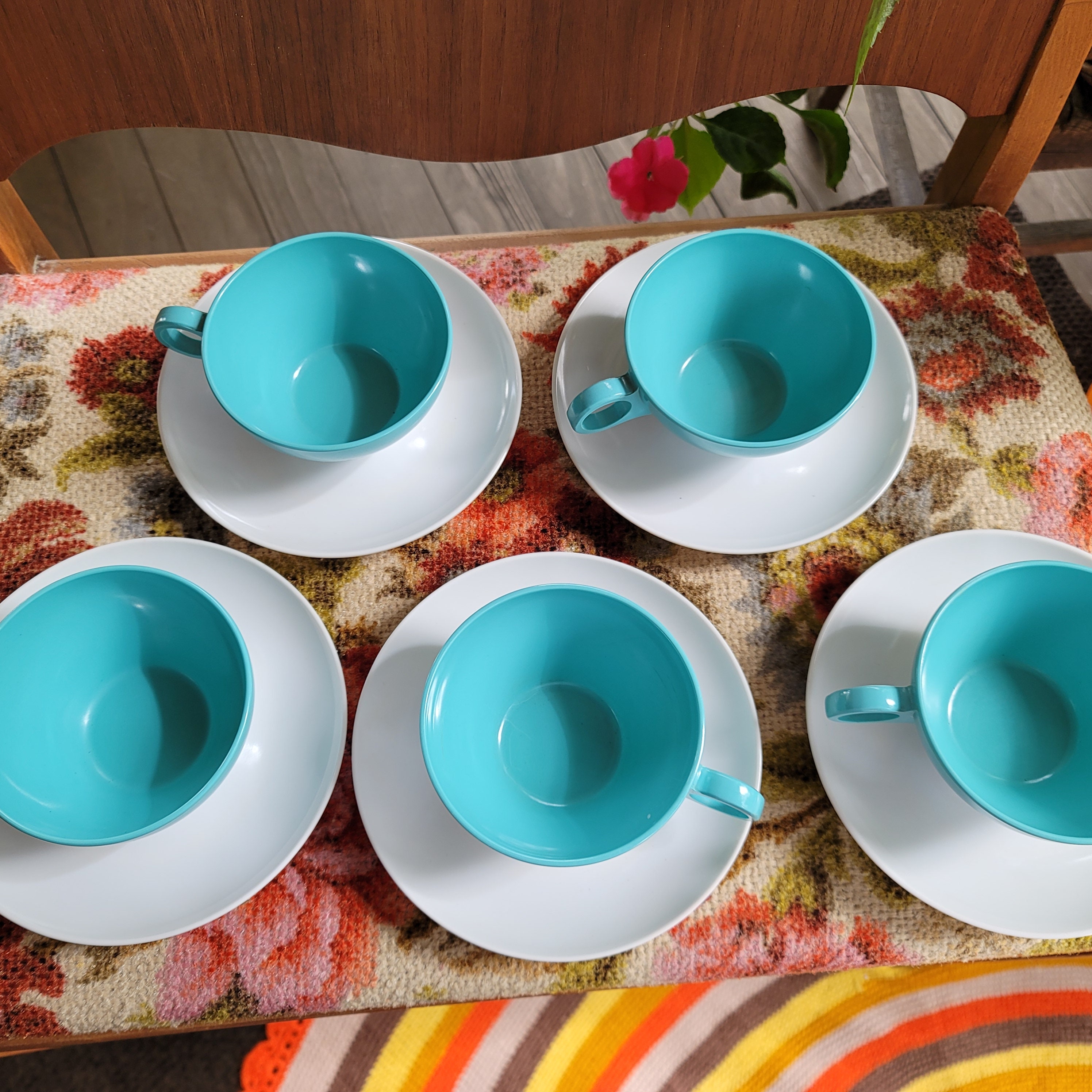 Set of 5 Vintage Melamine Coffee Tea Cups and Saucers Aqua Etsy