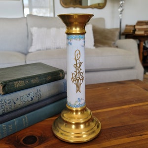 Vintage Candleholder, Limoges, Artist Signed, Handpainted Limoges, Blue Flowers, White Porcelain, Gilded Scrollwork