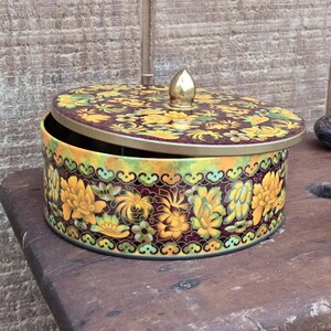 Vintage Wine Red, Green and Yellow Floral Decorative Tin with Knob Handle Lid