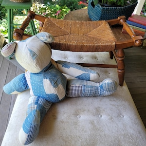 Vintage Blue and White Patchwork XL Quilt Bear: Shabby Style 24 inch Heirloom Teddy