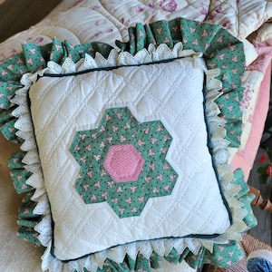 Vintage Quilted Double Ruffle Hexagon Throw Pillow: Handmade Cottagecore Accent Pillow,  Granny Core, Pink and Green Decor