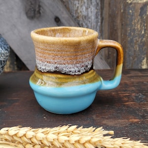 Turquoise Vintage Mug, Small Pottery Mug,  Blue Brown Glaze, Little Coffee Mug