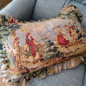Toile Ruffled Pillow Cover, Lumbar Pillow, Bosporus Toile, Romantic Zippered Pillow Cover, Linen Blend Pillow Cover, Cottage Pillow Cover