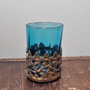 Antique Blue Glass, Antique Glass with Decorative Brass Ring, Toothpick Holder, Boho Decor, Liquor Shots, Antique Paneled Glass