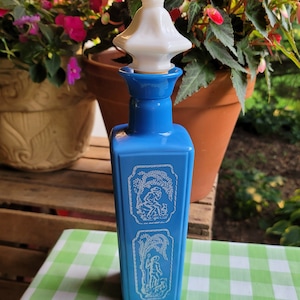 1965 Jim Beam Decanter, Vintage Blue and White Jim Beam, Glass Whiskey Shepherd Decanter, Stoppered Whiskey Decanter