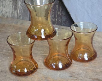 Vintage Amber Hourglass Shot Glasses Set of 4 Mid Century Modern, Empoli Style Cordial Liquor