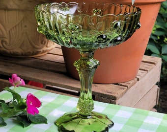 Vintage Green Glass Compote,Footed Serving Dish,Mid Century Candy Bowl,Pedestal Fruit Bowl,Ruffled Edge,Vintage Cottage Roses,Vintage Fenton
