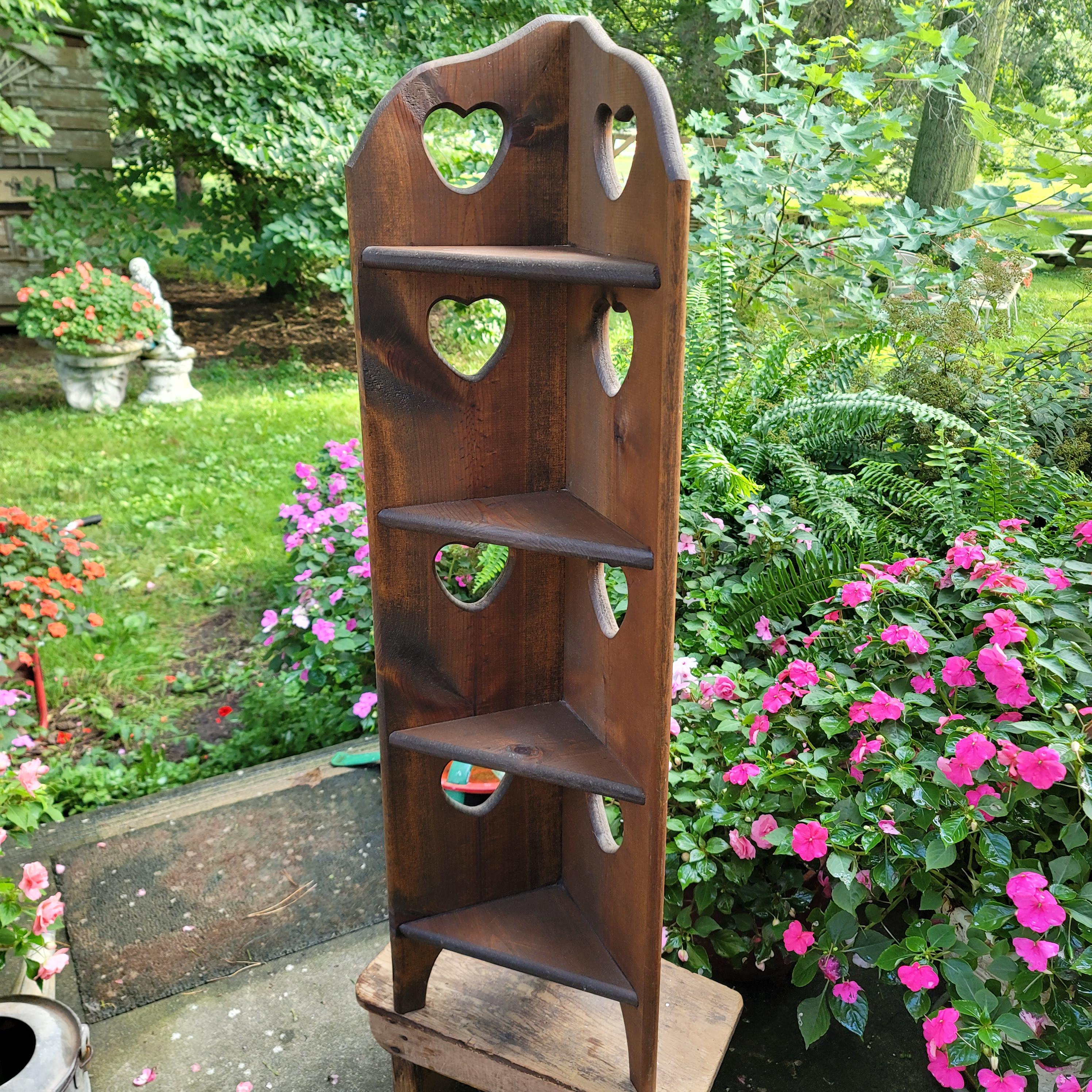 Vintage Cottage Style Corner Wood Display Shelf, Dark Wood Vintage