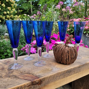 Vintage Blue Stemware, Vintage Barware, Cobalt Glasses with Clear Stems, Set of 6 Wine Glasses, Vintage Colored Cocktail Glasses