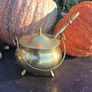 May include: A polished brass cauldron-style pot with a matching lid, a curved handle, and three small feet. A long, slender brass spoon rests inside the pot, extending diagonally upward from the opening of the container.