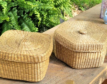 Vintage Woven Lidded Grass Baskets, Your Choice