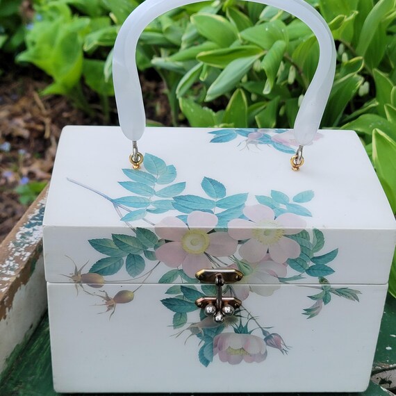 Vintage Square Floral Purse, Lacquered Box Purse: Annie Laurie Style Handbag with Roses
