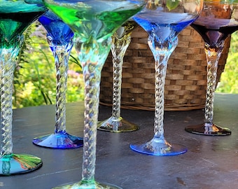 Vintage Blefeld Harlequin Crystal Cocktail Glasses - Twisted Stem Barware, Set of 7
