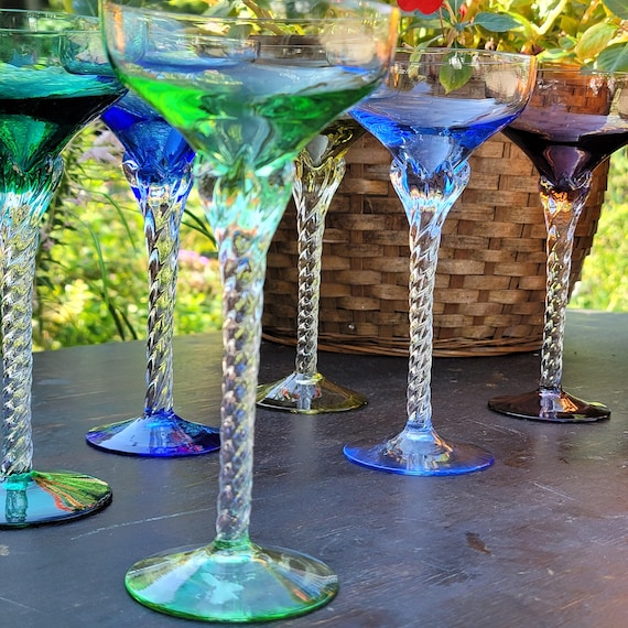Vintage Blefeld Harlequin Crystal Cocktail Glasses - Twisted Stem Barware, Set of 7