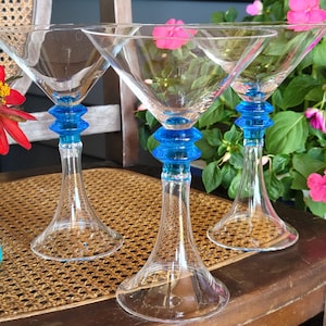 Vintage Bombay Sapphire Gin Martini Glasses Clear Glass Stem Ribbed Blue Rings, Set of 3