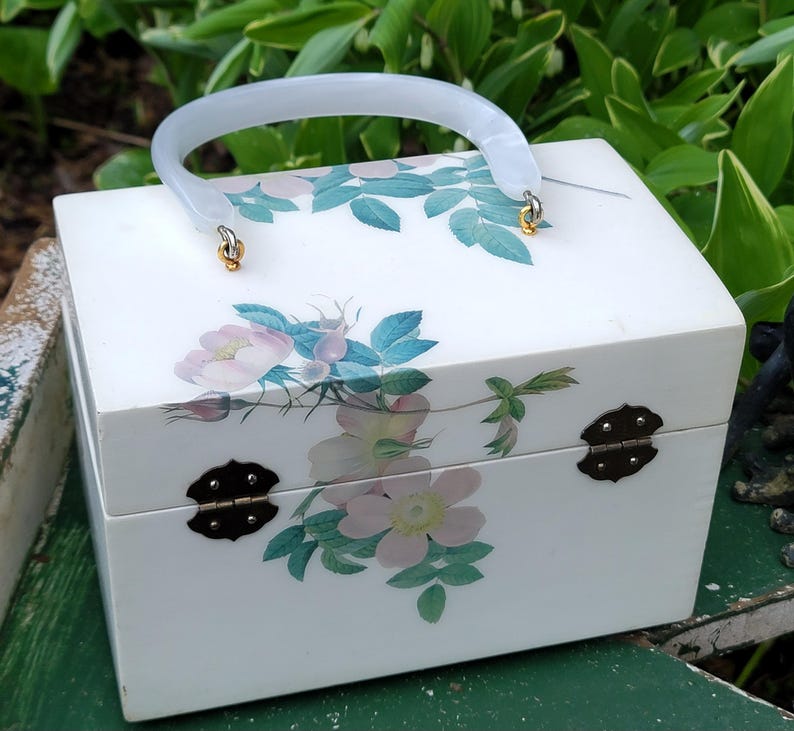 Vintage Square Floral Purse, Lacquered Box Purse: Annie Laurie Style Handbag with Roses image 5