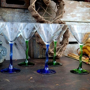 6 Martini Glasses, Wavy Stem Glasses, Courbe Martini, Green and Blue Barware