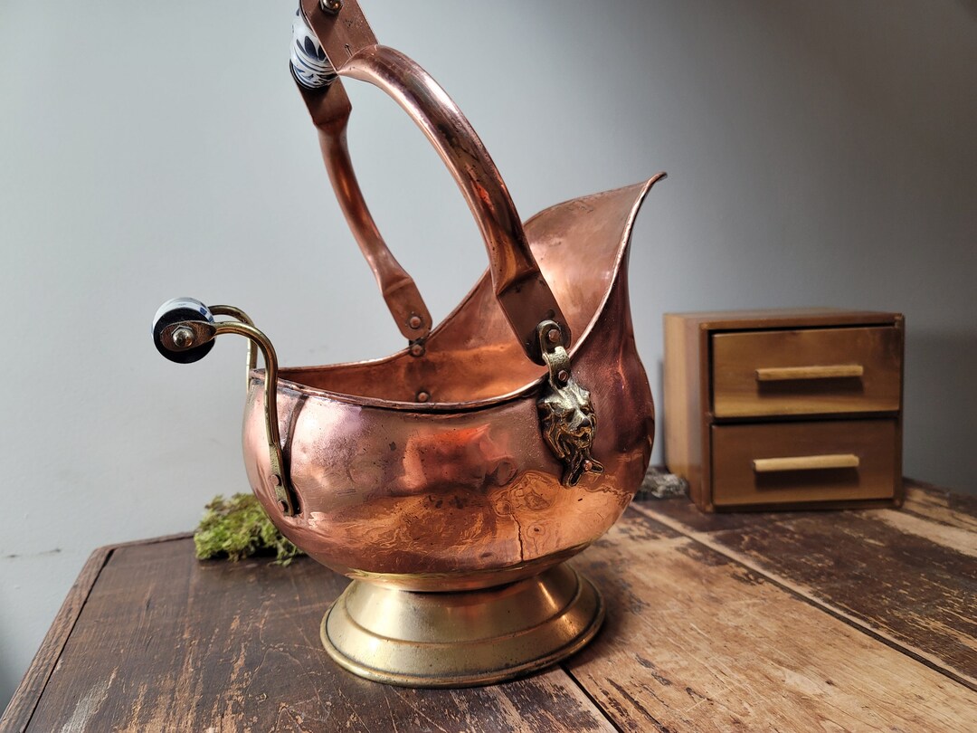 Vintage Copper Brass Large Coal Scuttle Bucket Ceramic Handles Lion