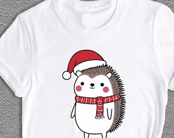 Cute Hedgehog Santa Shirt, Christmas Holiday Tee, Santa Hat Hedgehog Gift, Winter Animal Lover Shirt, Xmas Party Tee