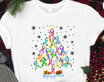 Christmas Cancer Awareness Tree T-Shirt, All Ribbons Shirt, Multicolored Ribbon Shirt, All About Cancer Tee, Christmas Awareness