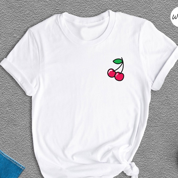 Pocket Cherry Drawing Shirt, Cute Cherry Drawing Tee, Cherry Shirt, Ripe Cherry Tee, Fruit Shirt, Cute Gift