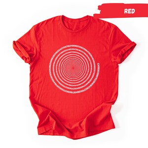 a red t-shirt with a white spiral design on it.