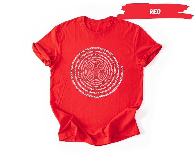 a red t-shirt with a white spiral design on it.