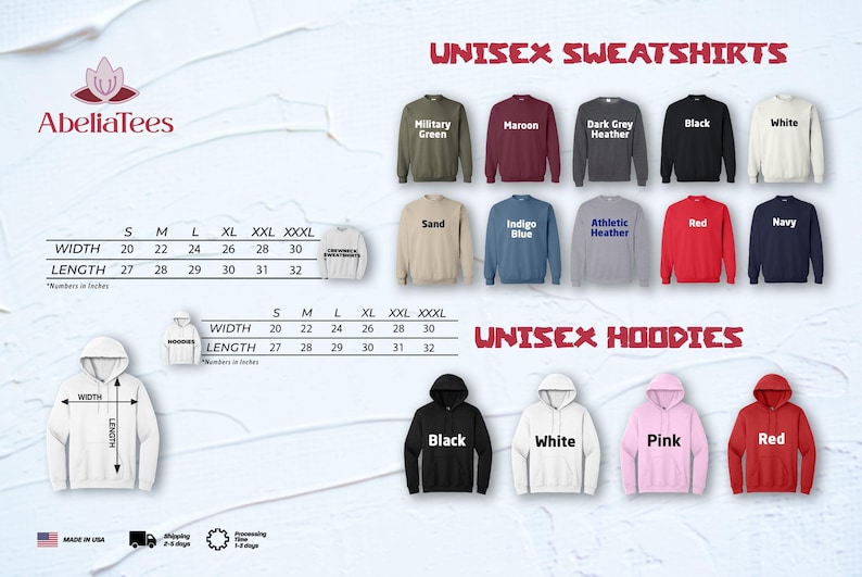 The image is a collage of various sweatshirts and hoodies, showcasing different styles and colors. It includes images of different sizes and styles of sweatshirts and hoodies, along with their corresponding measurements and descriptions.